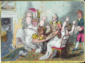 Fordeler med å bruke muslinkjoler! dedikert til den seriøse oppmerksomheten til de fasjonable damene i Storbritannia, utgitt av Hannah Humphrey, 1802 (håndfarget gravering)